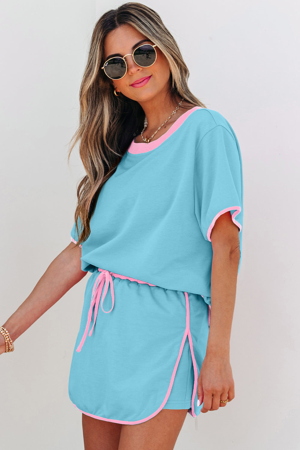 Moonlight Jade Colorblock Edge Drop Shoulder T Shirt and Skort 2Pcs Set