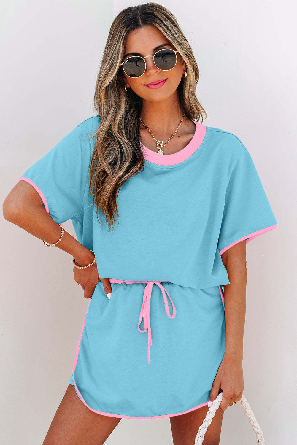 Moonlight Jade Colorblock Edge Drop Shoulder T Shirt and Skort 2Pcs Set