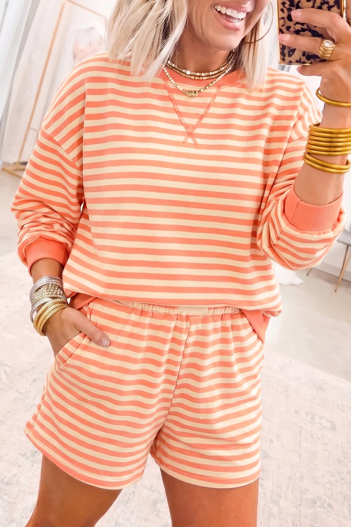 Grapefruit Orange Drop Shoulder Long Sleeve Pullover Elastic Waist Casual Short Set